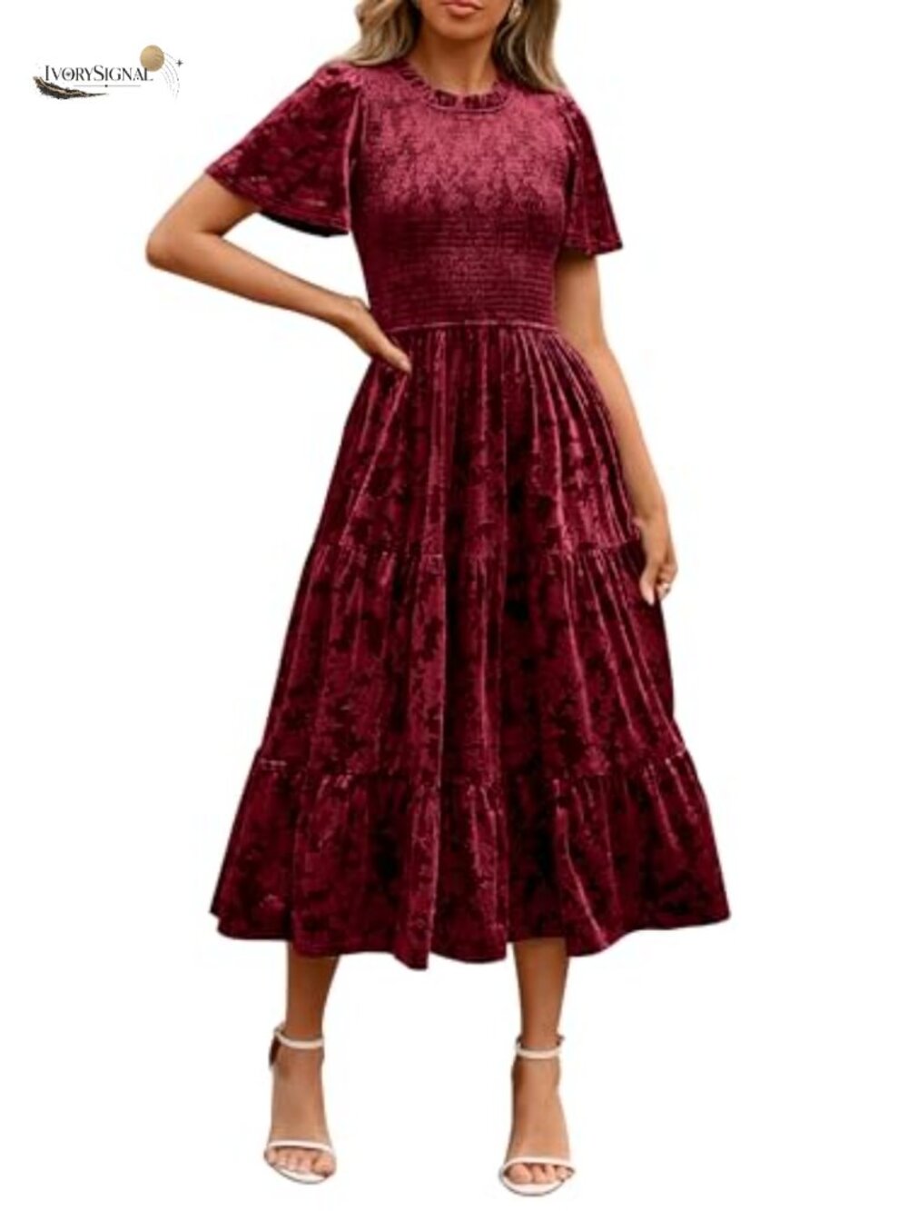 Smocked Velvet Maxi Dress Short Sleeve Semi Formal Wedding Guest